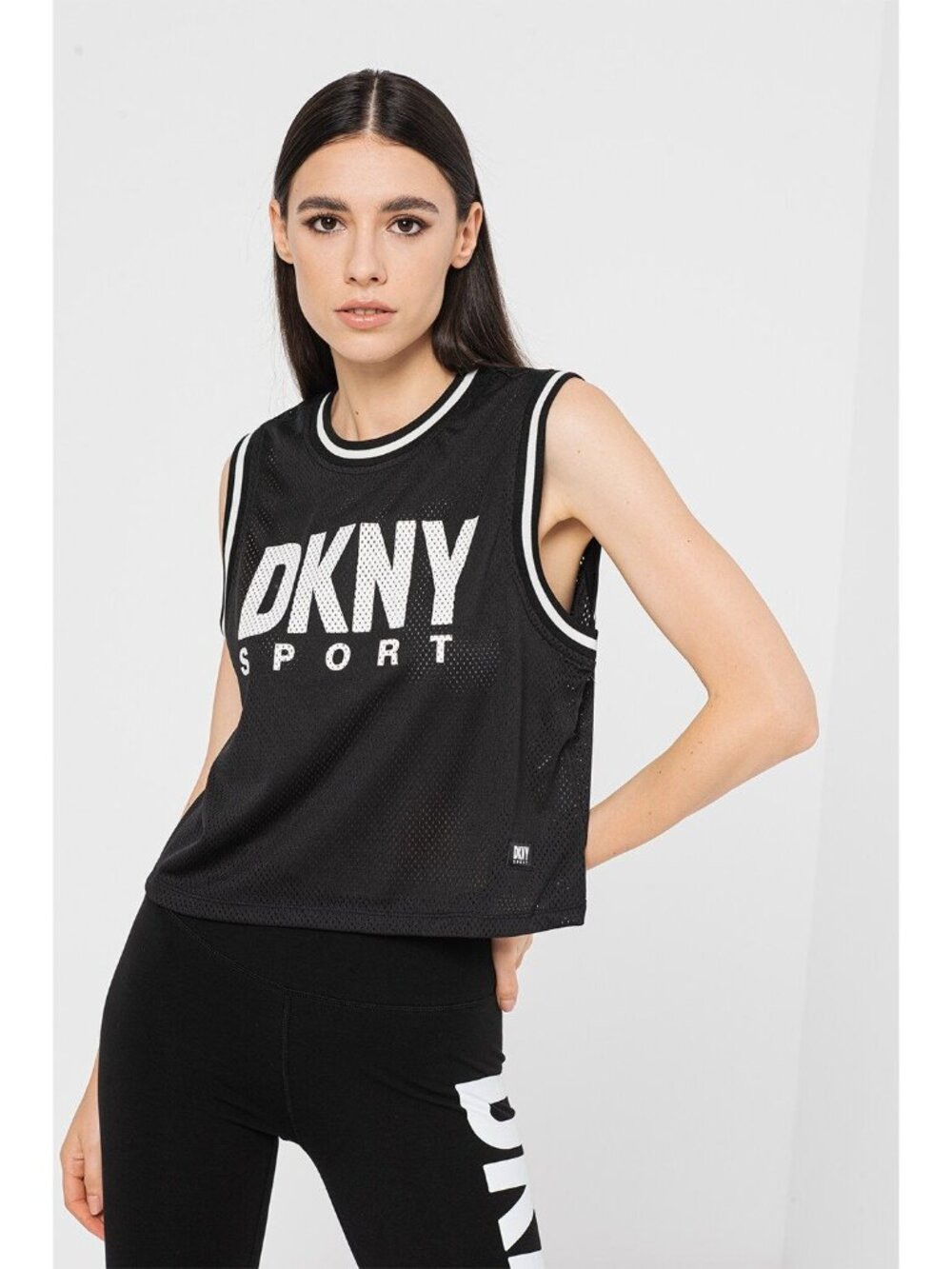 DKNY Sport Tank Top Size 2X Mesh Basketball Black Sleeveless White Logo Was $44. - Picture 3 of 12